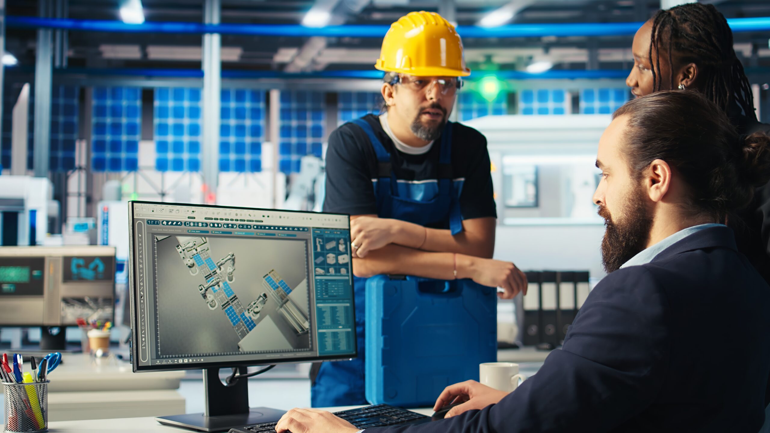 Photovoltaics factory manager gives task to worker after monitoring system performance. Solar panels manufacturing plant supervisor sends engineer to improve energy production and efficiency, camera A